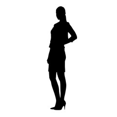 Slim business woman standing with hands on her hips. Lady with long legs in high heels shoes vector silhouette