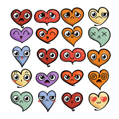Set of cute lovely emoticons. Doodle kawaii face, sweet and childlike manga cartoon style.