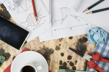research and development process in physics and engineering. Components, records and tools on the...
