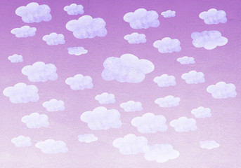 Hand painted watercolor purple sky and white clouds
