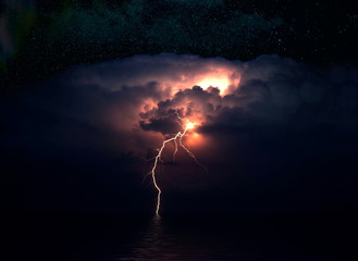 Lightning over the sea, storm, night
