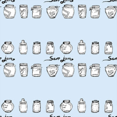 Save jam. A set of jars with jam. Bank of jam. Seamless pattern.