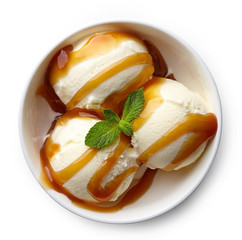 Bowl of vanilla ice cream and caramel sauce
