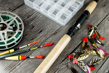 fishig reel,iron baits.bobbers and spinning rod © mikhaff1984