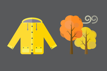 autumn clothes set items the fall acorn leaves tree rain clouds cold weather red yellow colors coat raincoat parka vector illustration umbrella © Vectorvstocker