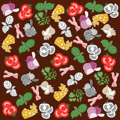 Set products. Seamless pattern. Sliced vegetables. Ready-made ingredients. Parsley, basil, bacon, onion, garlic, cheese.