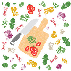Set products. Seamless pattern. Sliced vegetables. Ready-made ingredients. Parsley, basil, bacon, onion, garlic, cheese. Knife and board. Cooking is my life.