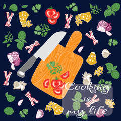 Set products. Seamless pattern. Sliced vegetables. Ready-made ingredients. Parsley, basil, bacon, onion, garlic, cheese. Knife and board. Cooking is my life.