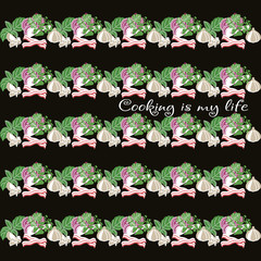 Set products. Seamless pattern. Sliced vegetables. Ready-made ingredients. Parsley, basil, bacon, onion, garlic. Cooking is my live.