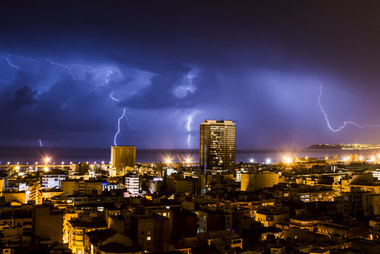 Lightning and thunder during a thunderstorm, one night in Alicante