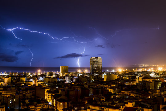 Lightning and thunder during a thunderstorm, one night in Alicante