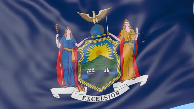 Waving flag of New York state against blue sky. Seamless loop 4K clip