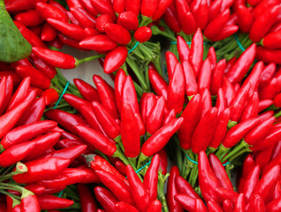 small bouquets of red hot chillies on sale at the greengrocer