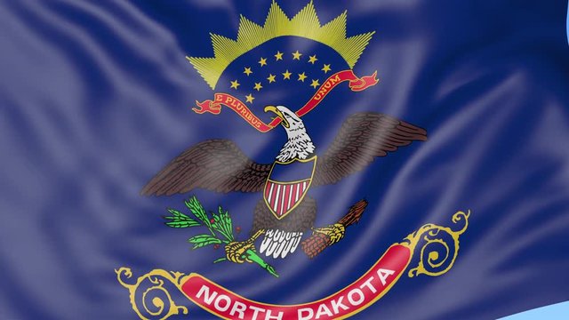 Waving flag of North Dakota state against blue sky. Seamless loop 4K clip