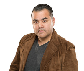 Handsome Young Hispanic Male Headshot Portrait Against White Background.