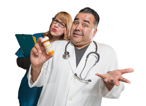 Goofy Doctor And Nurse With Prescription Bottle Isolated On A White Background.