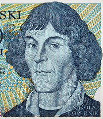 Nicolaus Copernicus face portrait on Poland zloty banknote closeup. Genius renaissance mathematician and astronomer. - obrazy, fototapety, plakaty