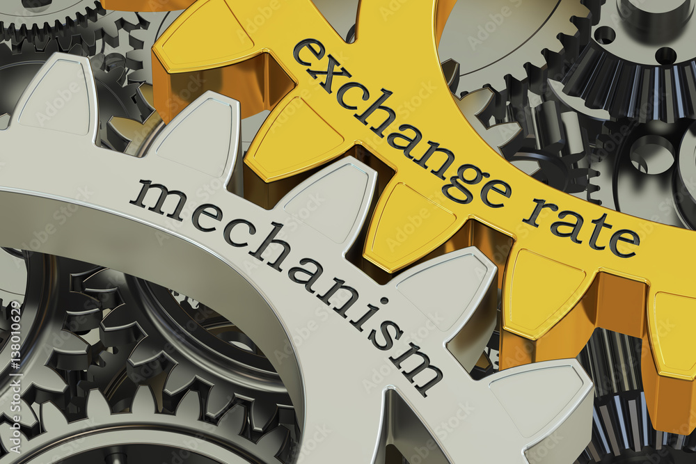 Poster exchange rate mechanism concept on the gearwheels, 3d rendering