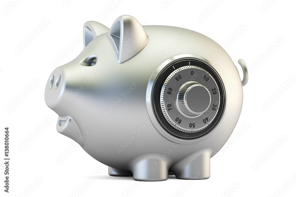 Poster metallic piggy bank with safe combination dial lock, 3d rendering