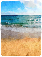 Digital watercolor painting of a beach and the sea in Sesimbra in Portugal with a blue cloudy sky and a visible horizon. With space for text.