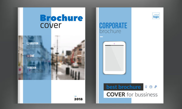 Blue cover set business brochure vector design. Leaflet advertising background with blured city. Modern magazine layout. Annual report for presentation, poster