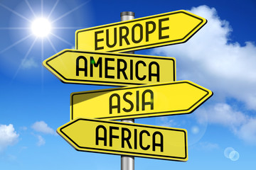 Continents (Europe, America, Asia, Africa) - yellow road-sign