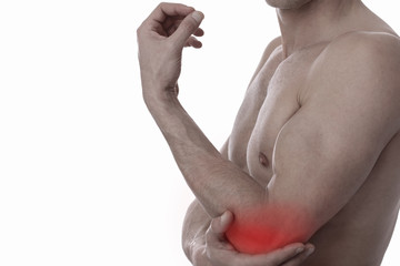 Man With Pain In Elbow. Pain relief concept. Sports exercising injury.