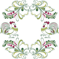 The illustration shows a beautiful decorative frame with sprigs of red currants and cockerels. Ornament on a white isolated  background,  in the vector, on separate layers.