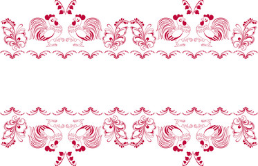 
The illustration shows a beautiful  pattern with cockerel and and decorative flowers. Ornament made a red outline on a white background, vector, on separate layers.
