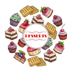 Sweets and dessert cakes vector poster