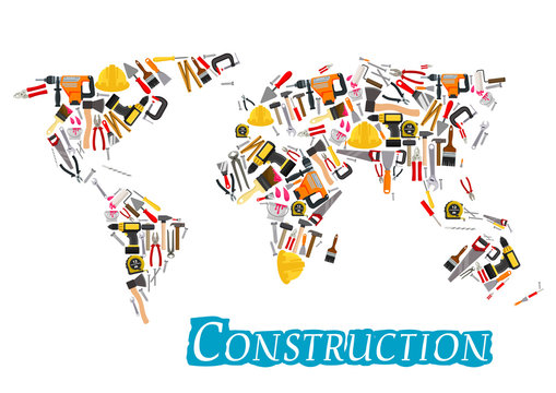 Construction work tools vector world map