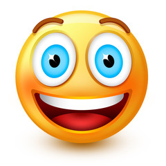 Cute smiley-face emoticon or 3d happy emoji with a smiling open mouth, showing teeths and happy open eyes
