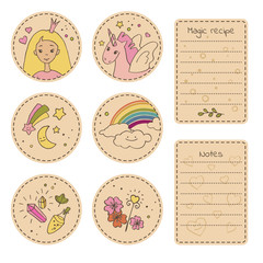 Set of craft stickers with cute cartoon characters and magical items. Vector illustration.