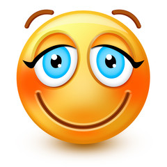 Cute blushing-face emoticon or 3d smiley emoji with embarassed eyes, flushed red cheeks and smiling mouth. 