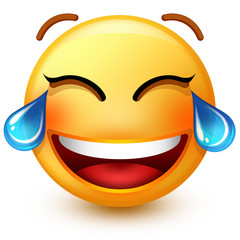 Cute laughing-face emoticon or 3d smiley emoji, laughing so much that it's crying tears of joy.