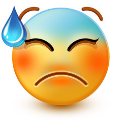 Cute stressed-face emoticon with cold sweat or 3d tired emoji, explaining distress for hard work.
