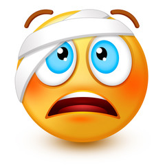 Cute injured-face emoticon or 3d wounded emoji with a bandage wrapped around its head.