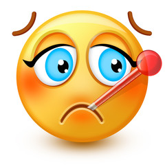 Cute sick-face emoticon or 3d ill emoji with a thermometer. It may be used  for an hospedalized patient or for a common cold.