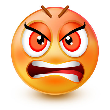 Cute very angry face emoticon or 3d furious red emoji with inward-facing eyebrows and a frowning mouth. It shows anger and grumpiness.