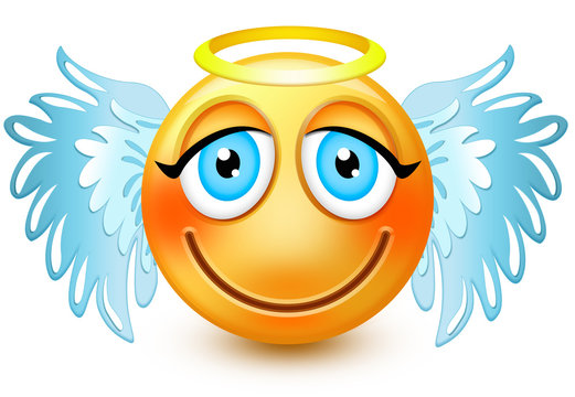 Cute angel-like face emoticon or 3d smiling winged emoji with blue wings and a golden halo over its head . It may be used for someone who has done a good deed.