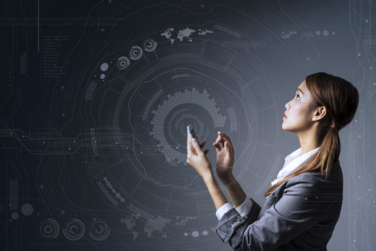 young woman holding smart phone and futuristic interface pattern, Internet of Things, Internet of Everything, heads up display, mixed reality, abstract concept - Powered by Adobe