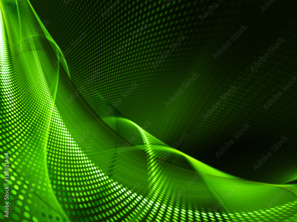 Poster Abstract background element. Fractal graphics series. Three-dimensional composition of glowing lines and halftone effects. Information and energy concept. Green and black colors.