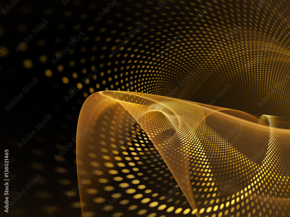 Poster Abstract background element. Fractal graphics series. Three-dimensional composition of glowing lines and mosaic halftone effects. Golden colors.