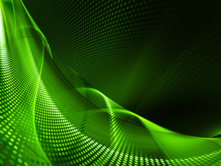 Abstract background element. Fractal graphics series. Three-dimensional composition of glowing lines and halftone effects. Information and energy concept. Green and black colors.