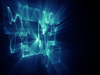 Abstract background element. Three-dimensional composition of wave shapes, grids and beams. Electronics and media concept. Blue and black colors.