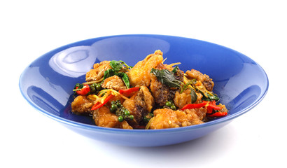 stir fried snapper with pepper and chilli on white