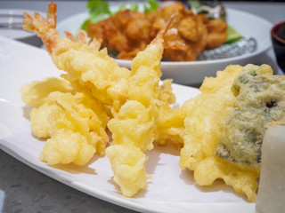 Delicious shrimp tempura on white plate
