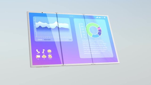 Foldable smart phone transform from tablet PC to mobile phone. 3D rendering animation.