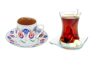 Traditional Turkish coffee and tea isolated on white background.