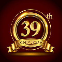 39th golden anniversary logo with gold ring and golden ribbon, vector design for invitation card and greeting card for birthday party celebration